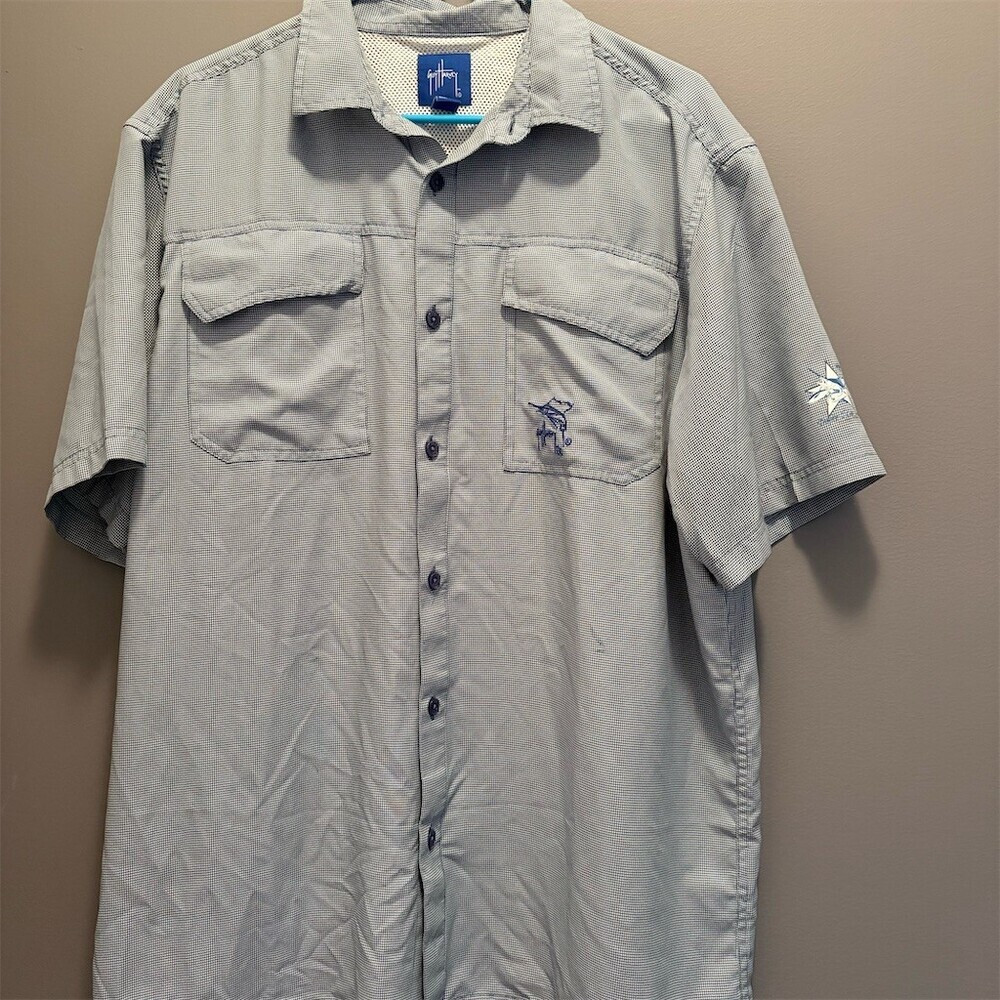 Guy Harvey Fishing Shirt Mens XL Blue Micro-Check Short Sleeve Button Up